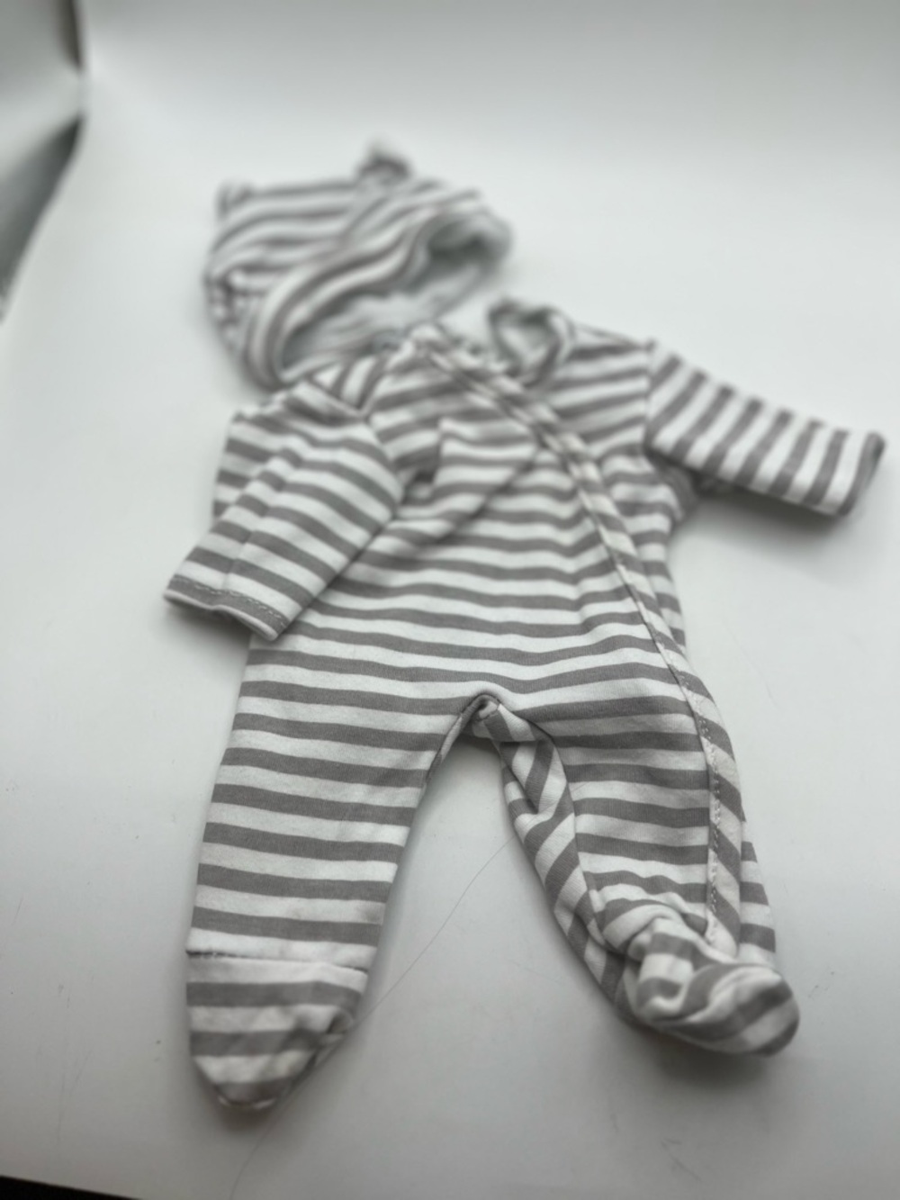 Striped Hooded Footed One-Piece - Gray & White Baby Doll Outfit 10-12 inch Doll